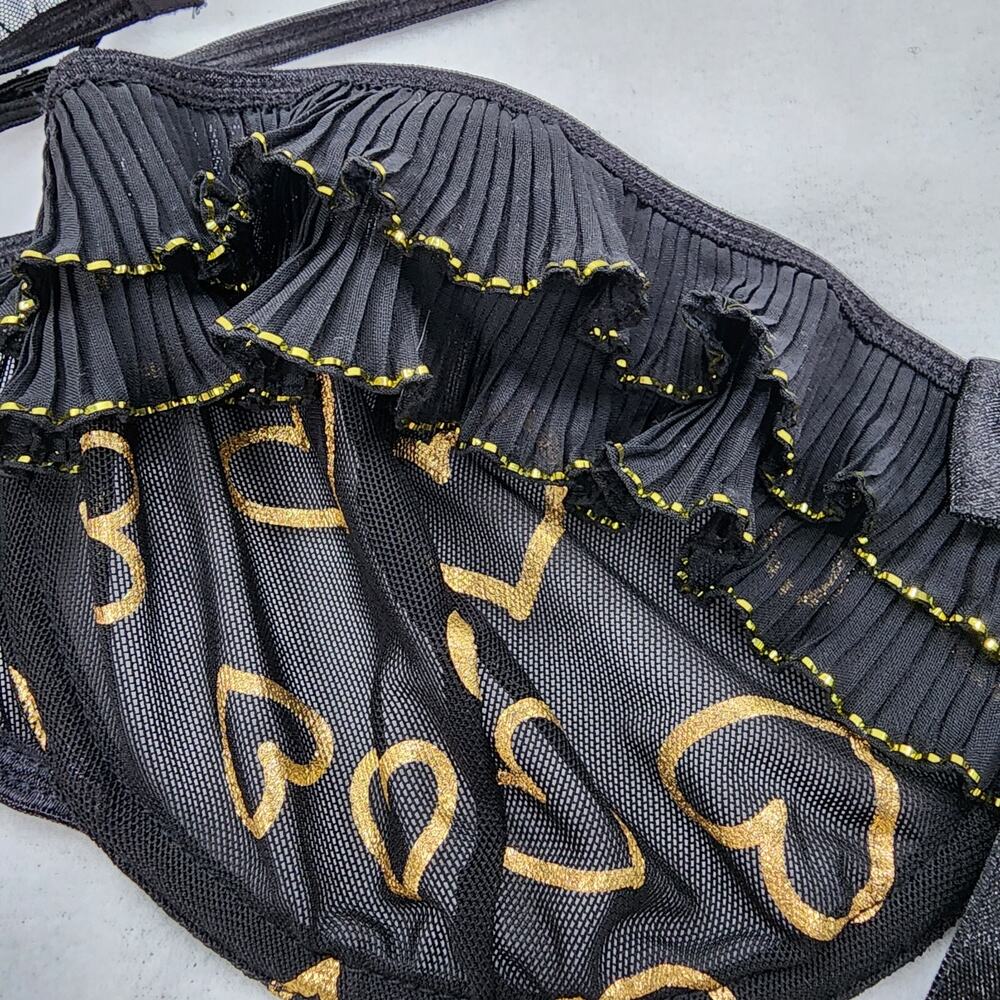 DreamGirl Bra XL Black Sheer Lingerie Metallic Gold Hearts Ruffle Trim Bow Sexy - Picture 6 of 10